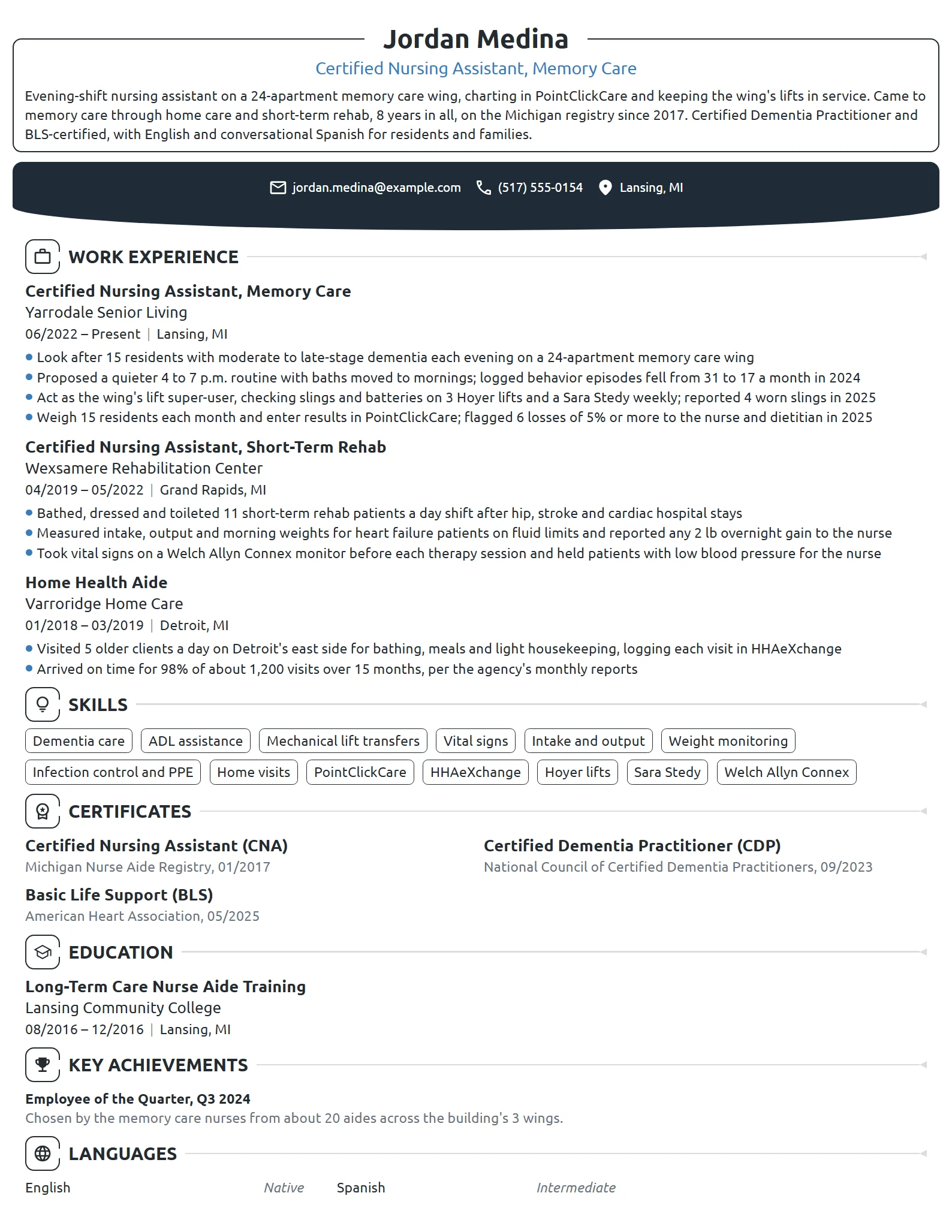 Nursing Assistant resume example