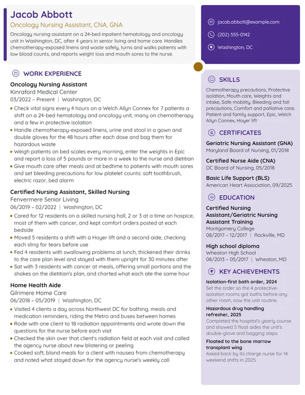 Oncology Nursing Assistant resume example