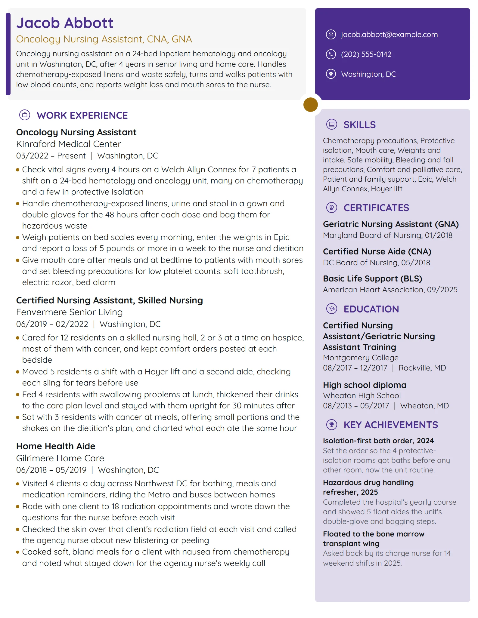 Oncology Nursing Assistant resume example