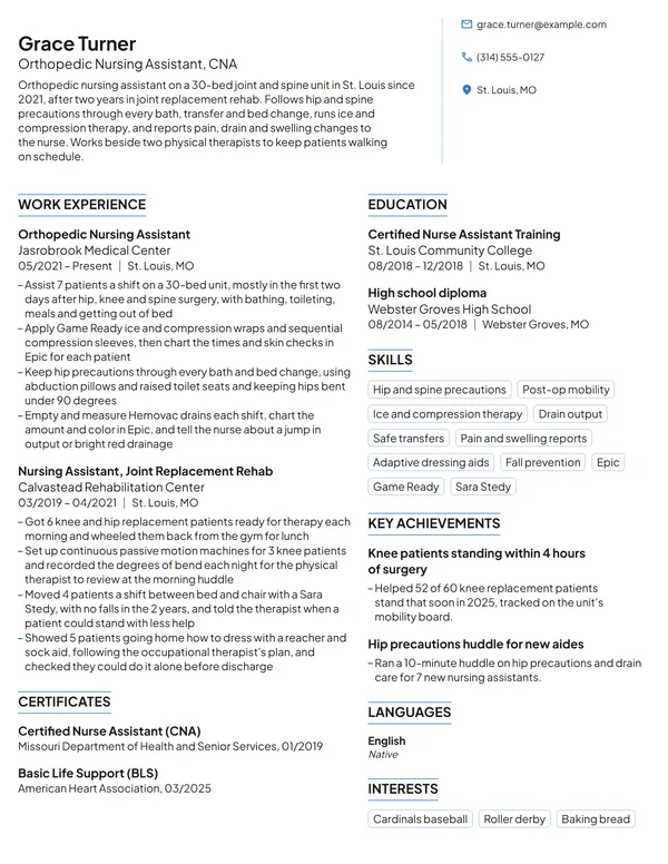 Orthopedic Nursing Assistant resume example
