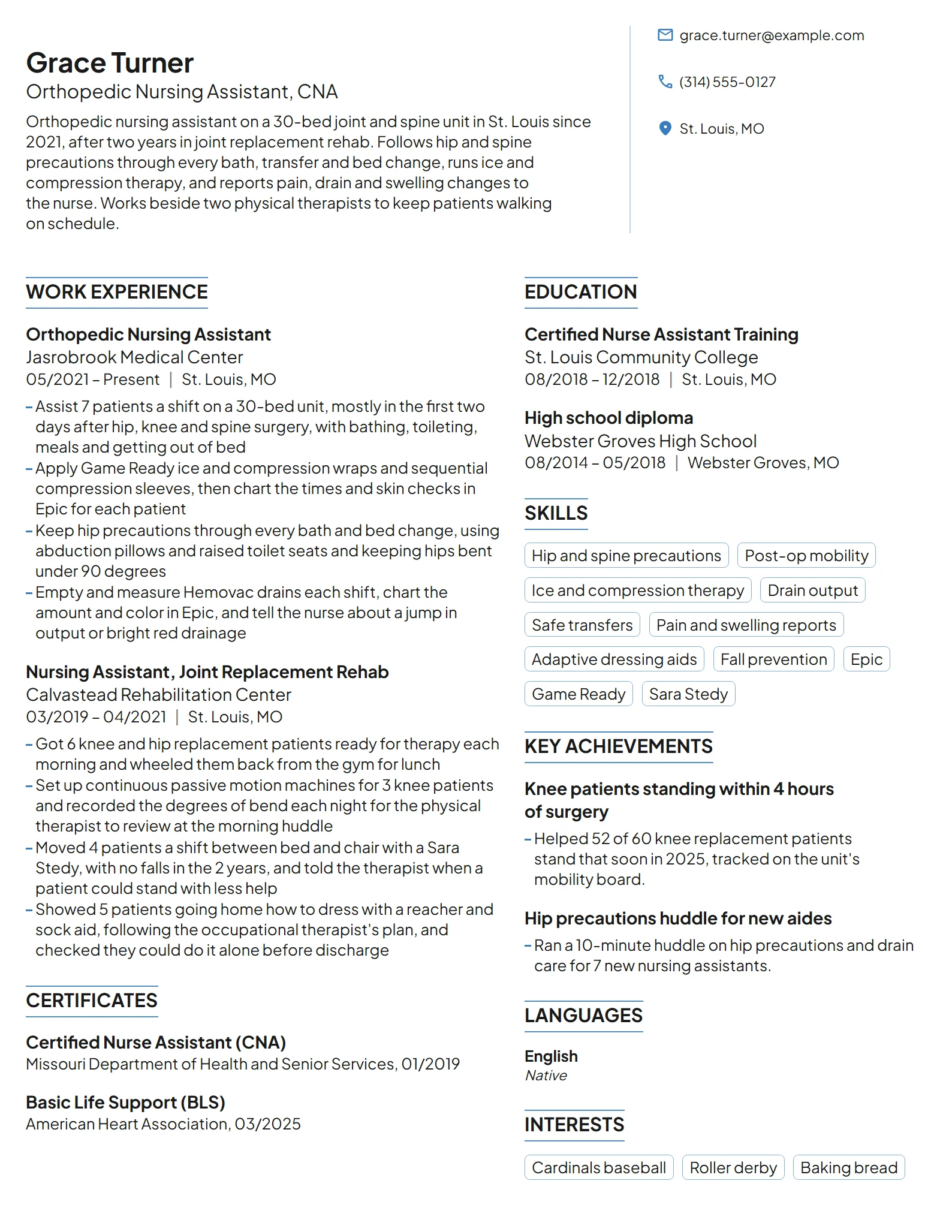 Orthopedic Nursing Assistant resume example