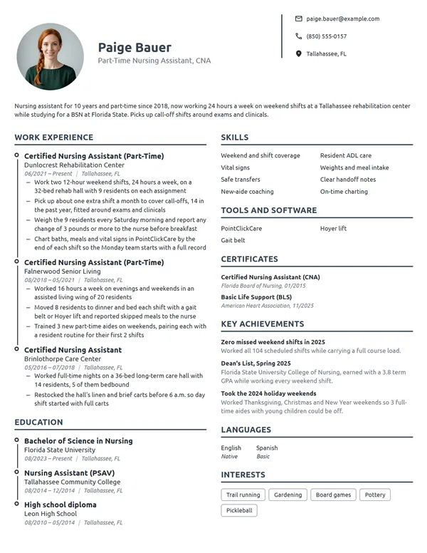 Part-Time Nursing Assistant resume example