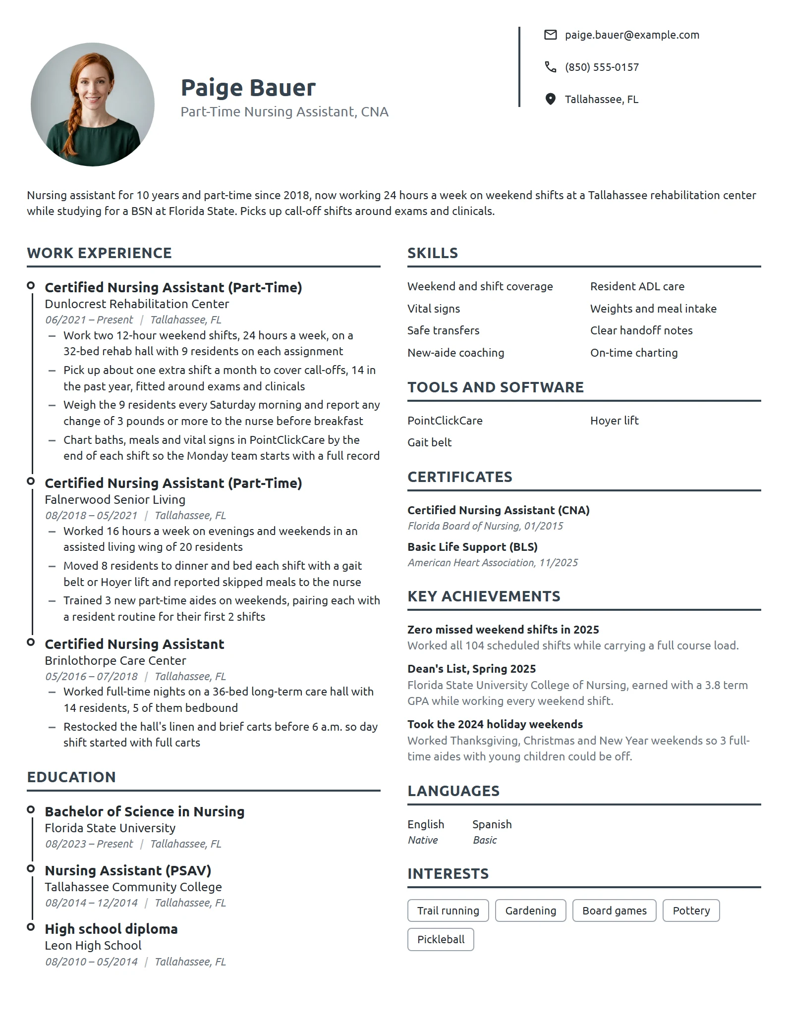 Part-Time Nursing Assistant resume example