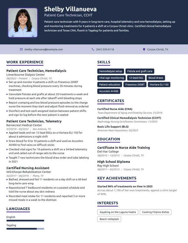 Patient Care Technician resume example