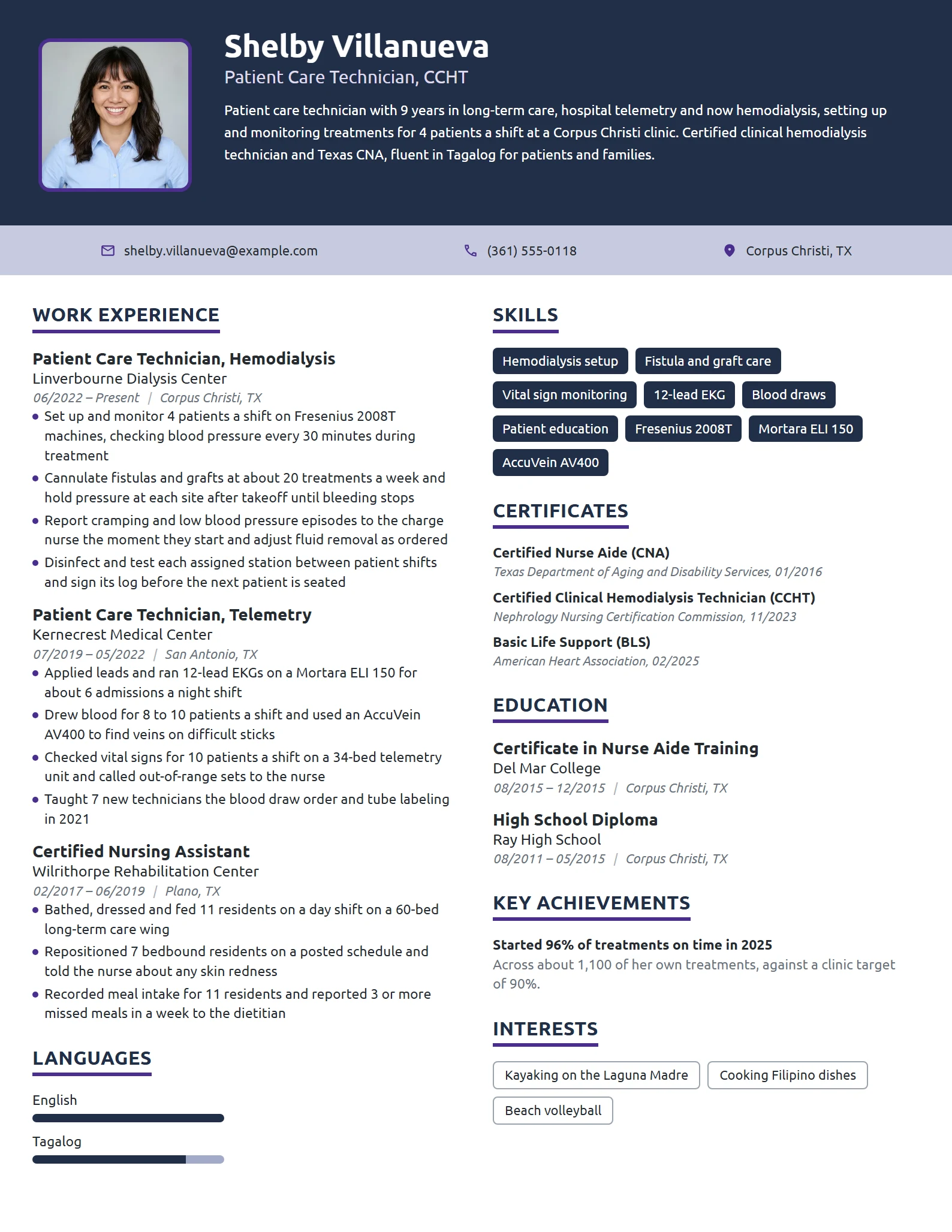 Patient Care Technician resume example