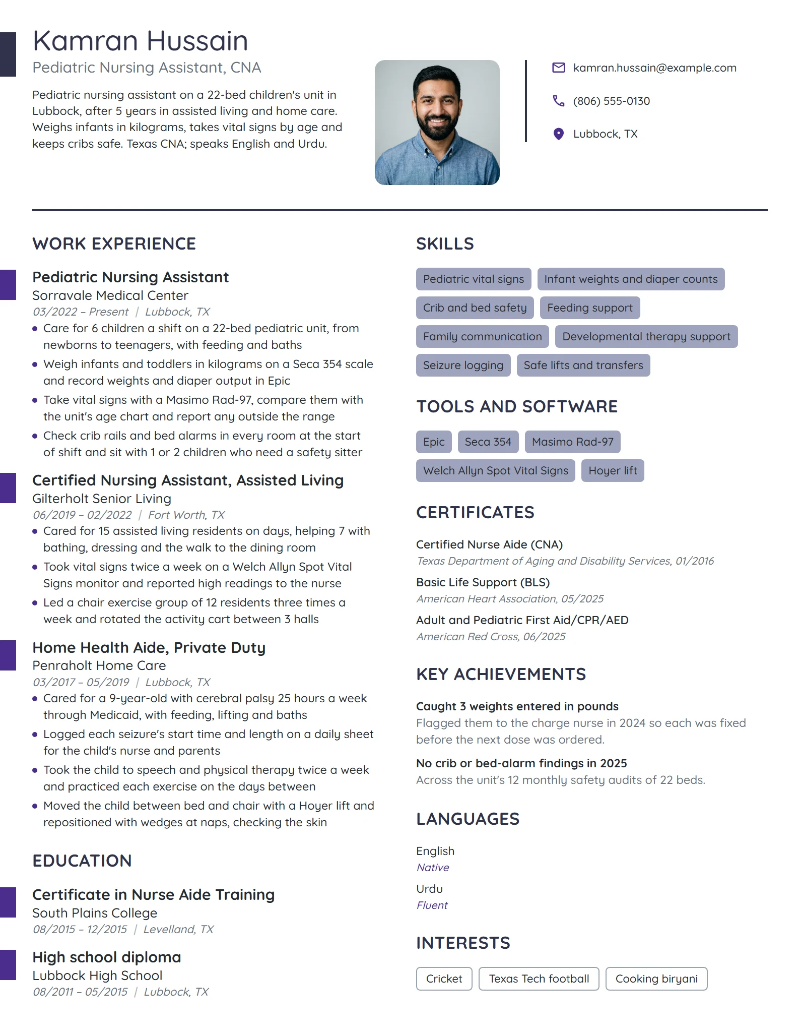 Pediatric Nursing Assistant resume example