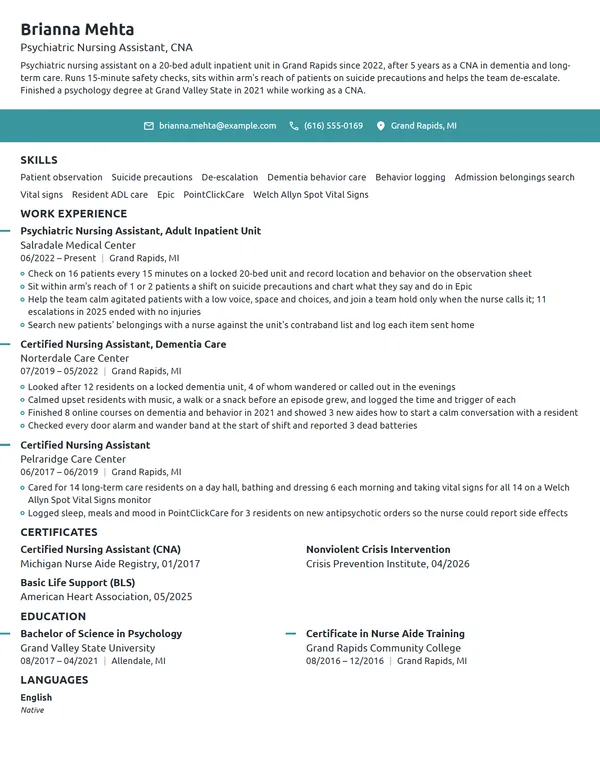 Psychiatric Nursing Assistant resume example