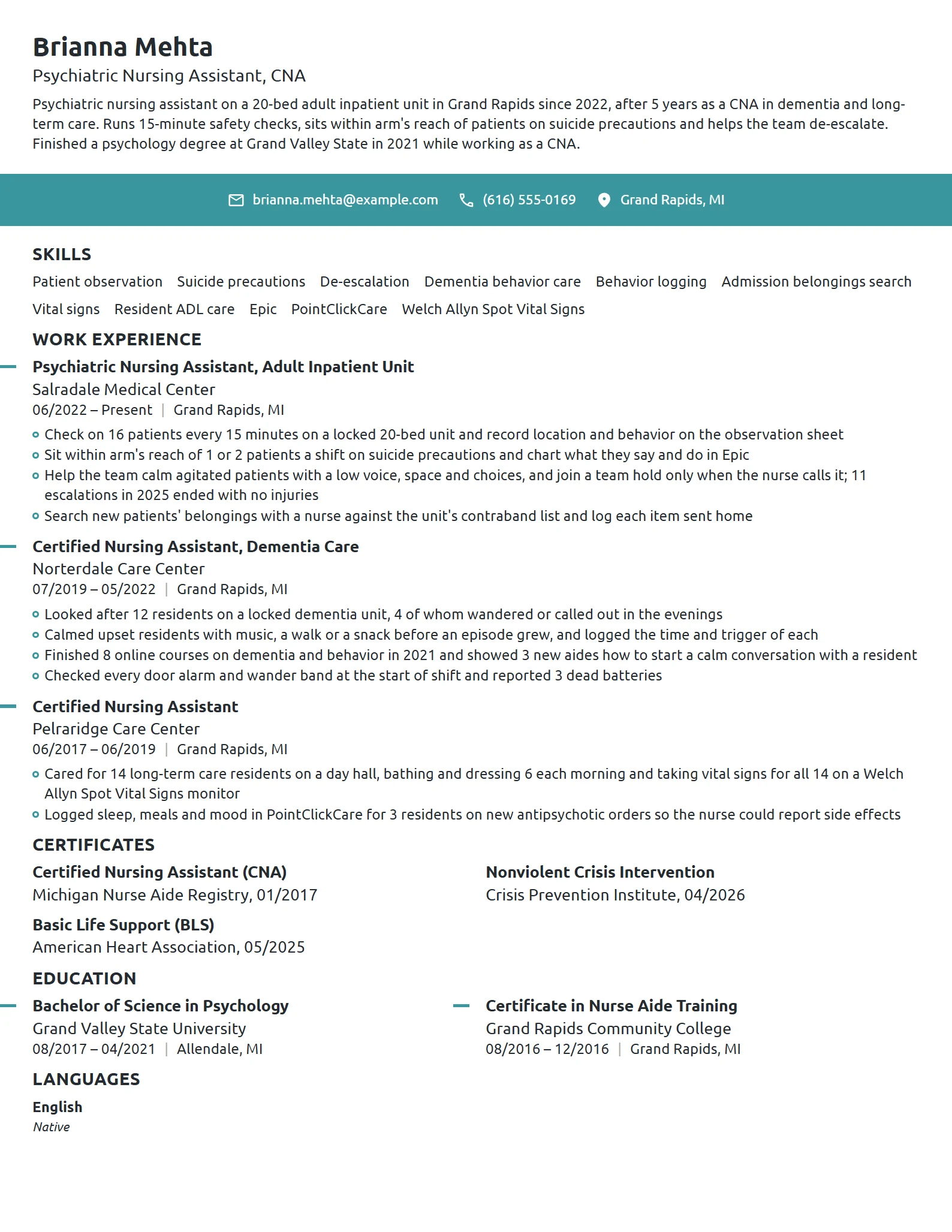 Psychiatric Nursing Assistant resume example