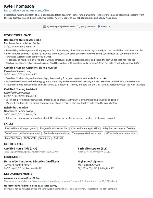 Restorative Nursing Assistant resume example