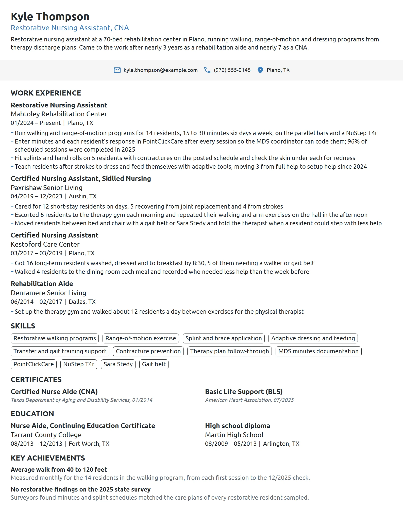 Restorative Nursing Assistant resume example