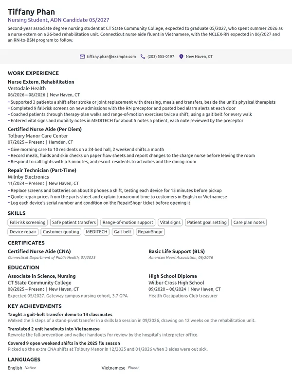 Associate Degree Nursing Student resume example