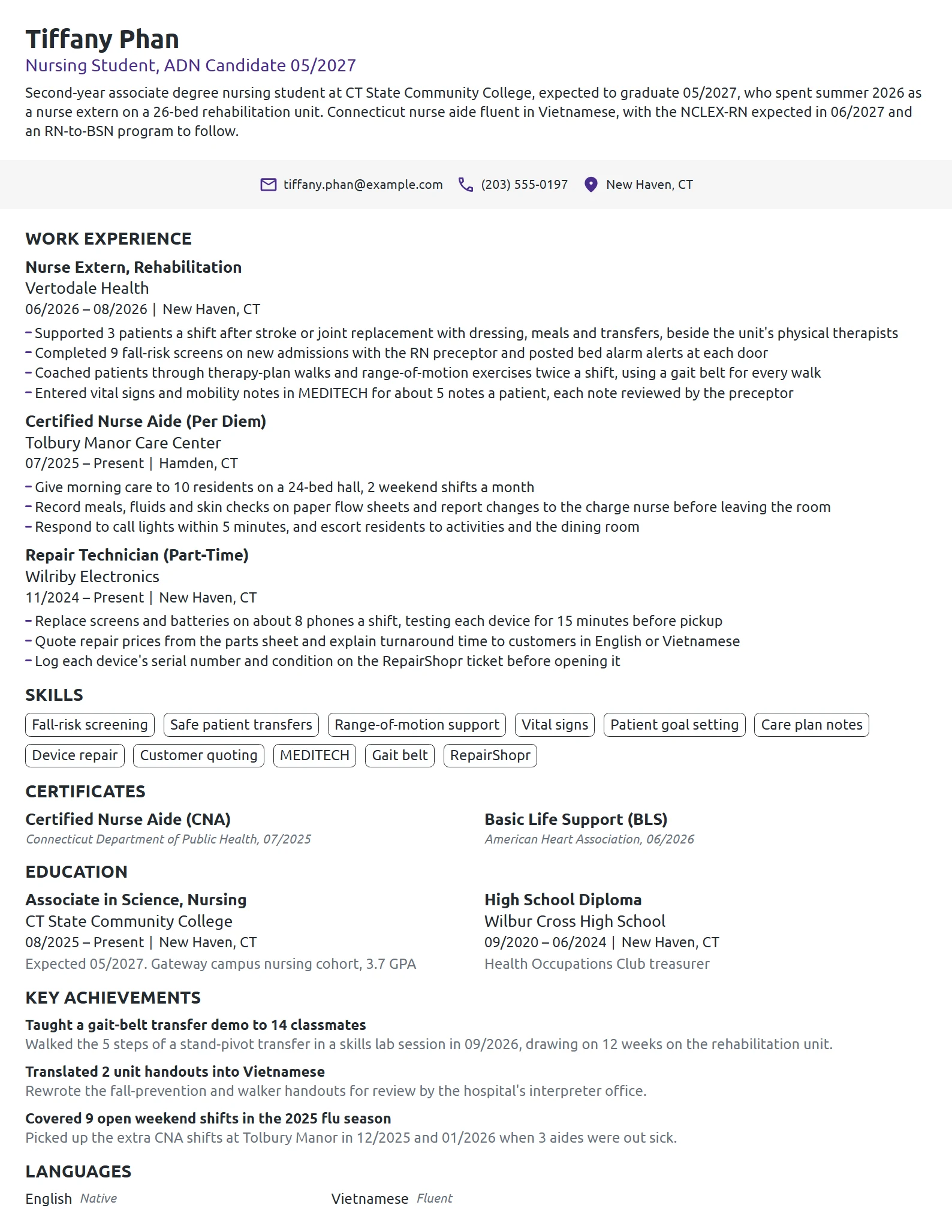 Associate Degree Nursing Student resume example