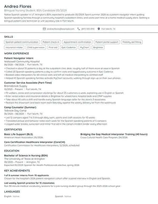 Bilingual Nursing Student resume example