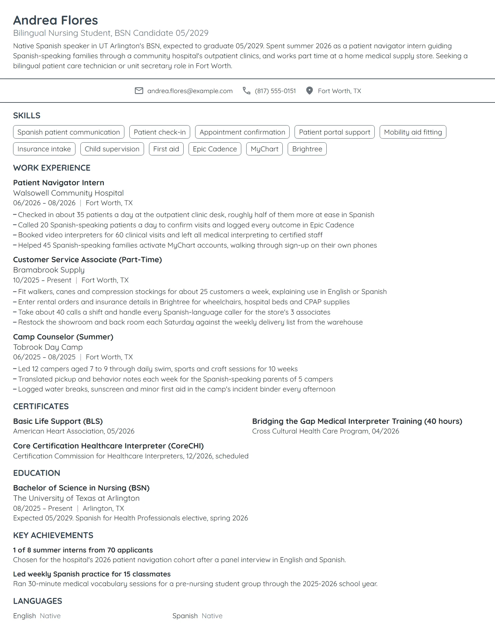 Bilingual Nursing Student resume example