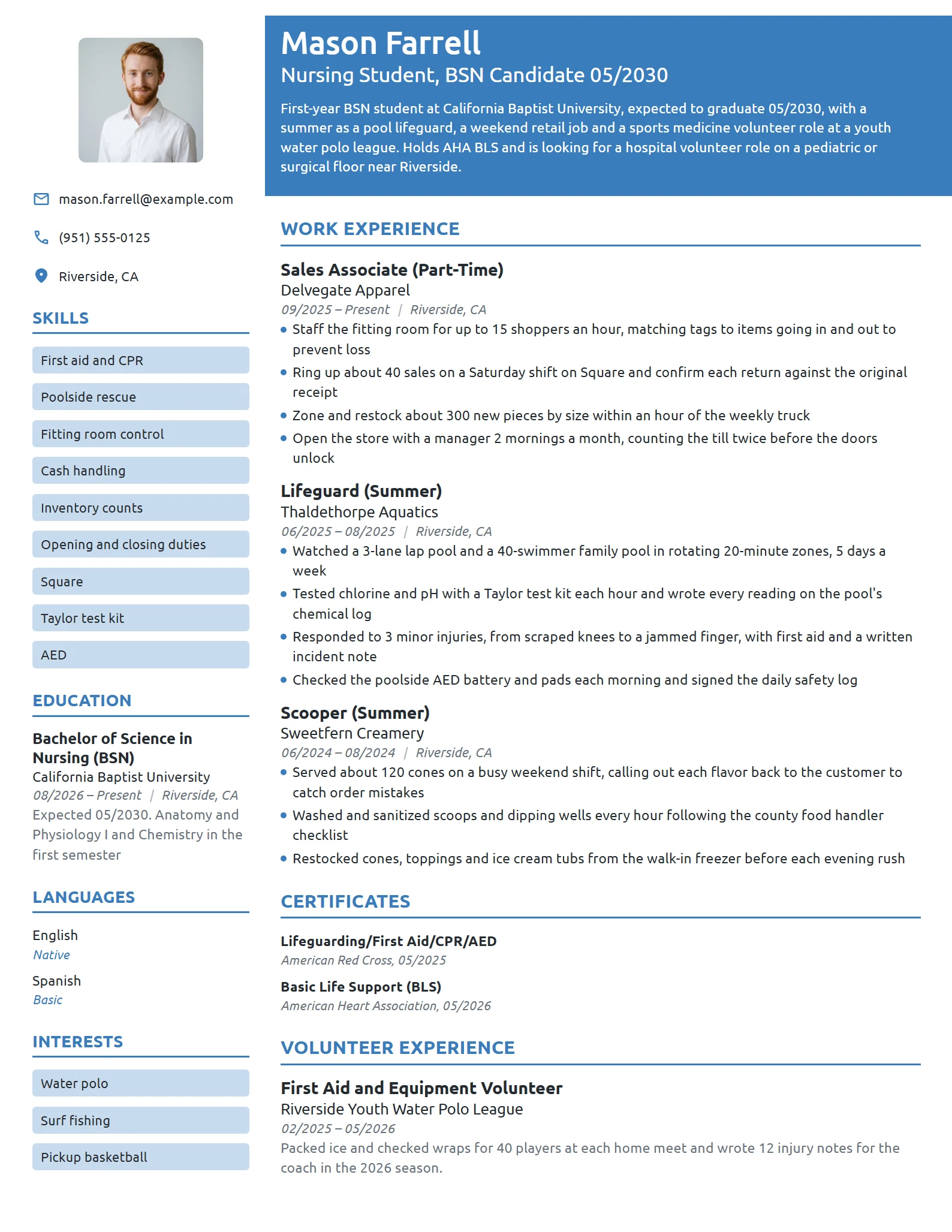 BSN Nursing Student resume example