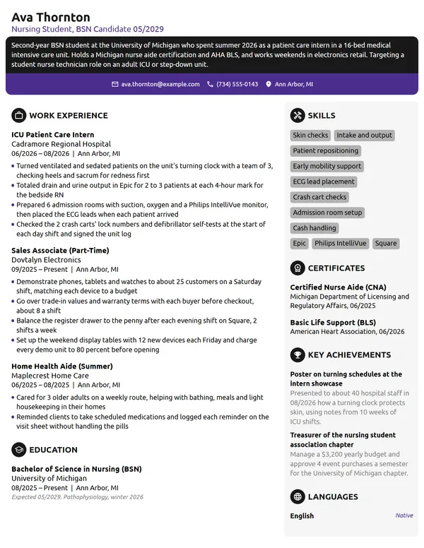 Critical Care Nursing Student resume example