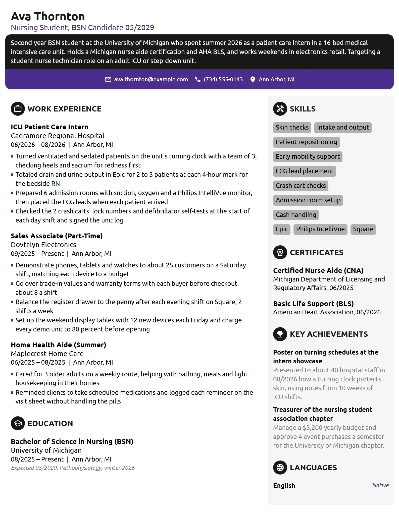 Critical Care Nursing Student resume example