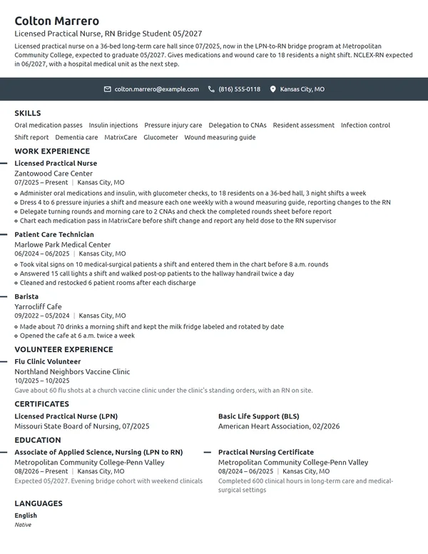 LPN to RN Student resume example