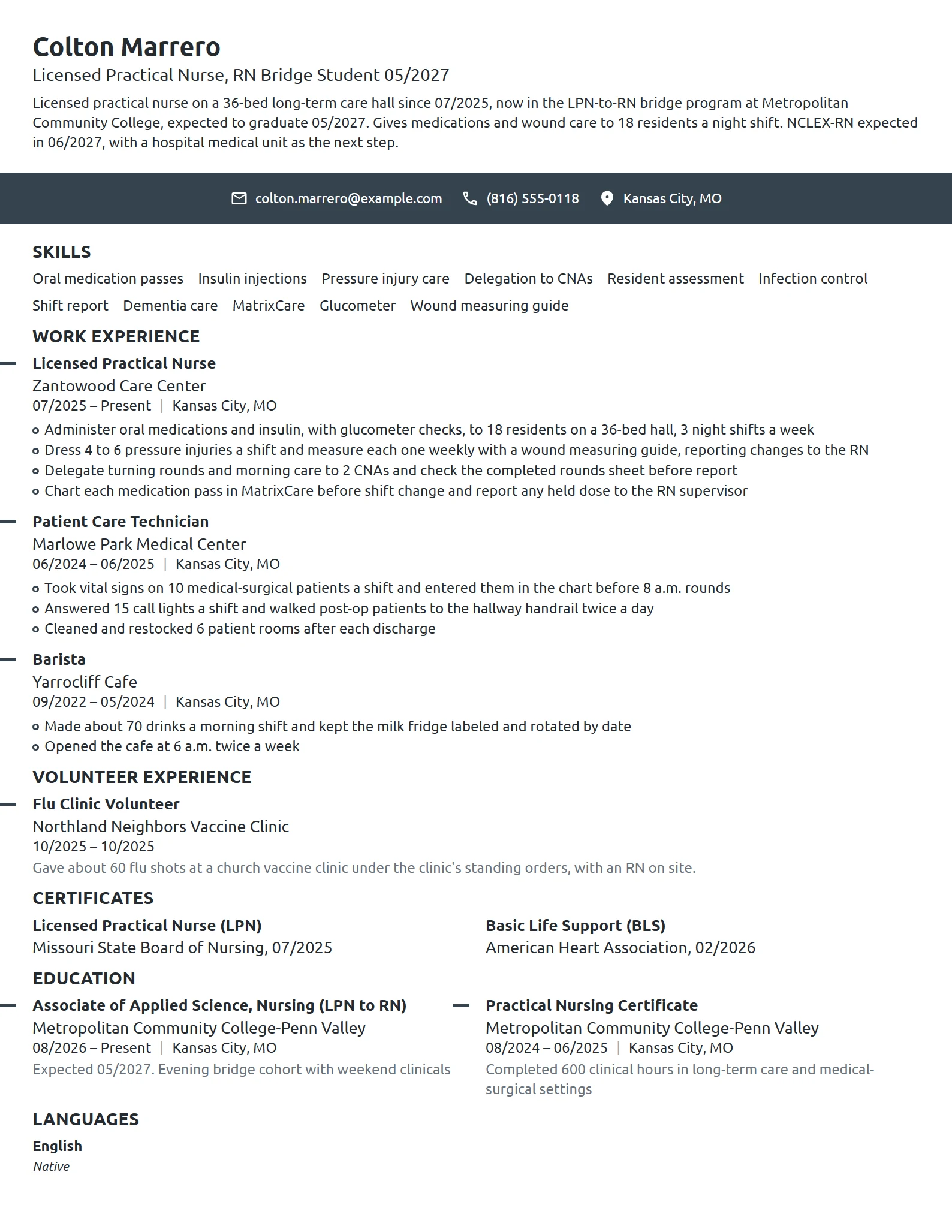 LPN to RN Student resume example