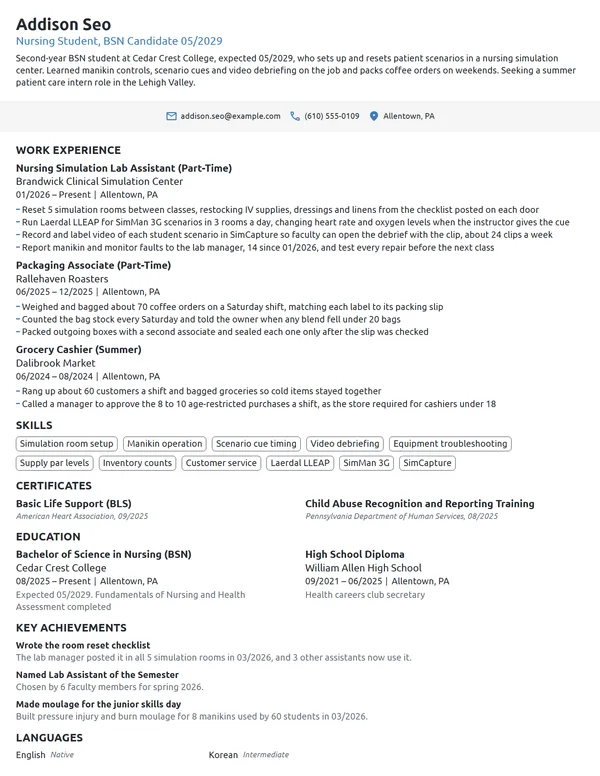 Nursing Simulation Lab Assistant resume example