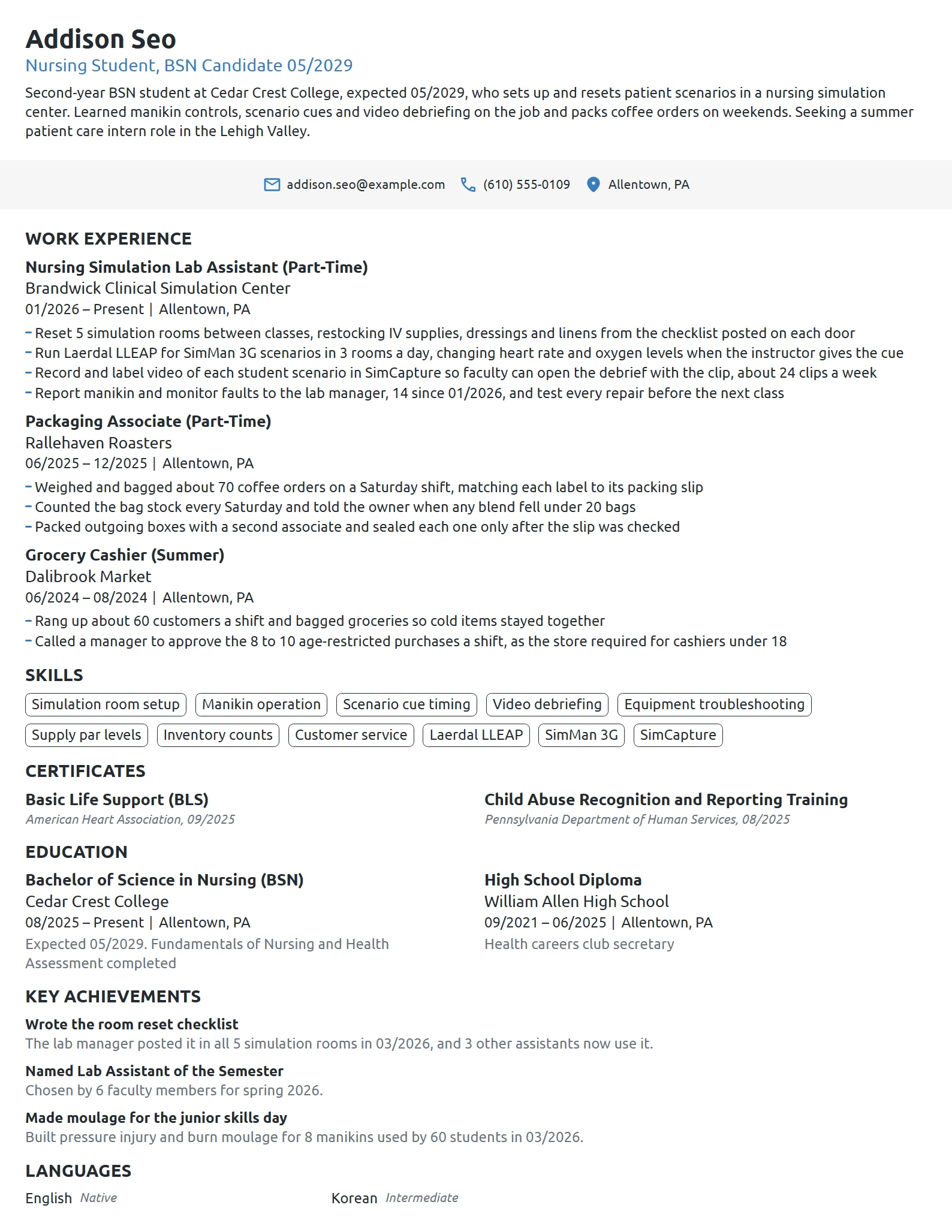 Nursing Simulation Lab Assistant resume example