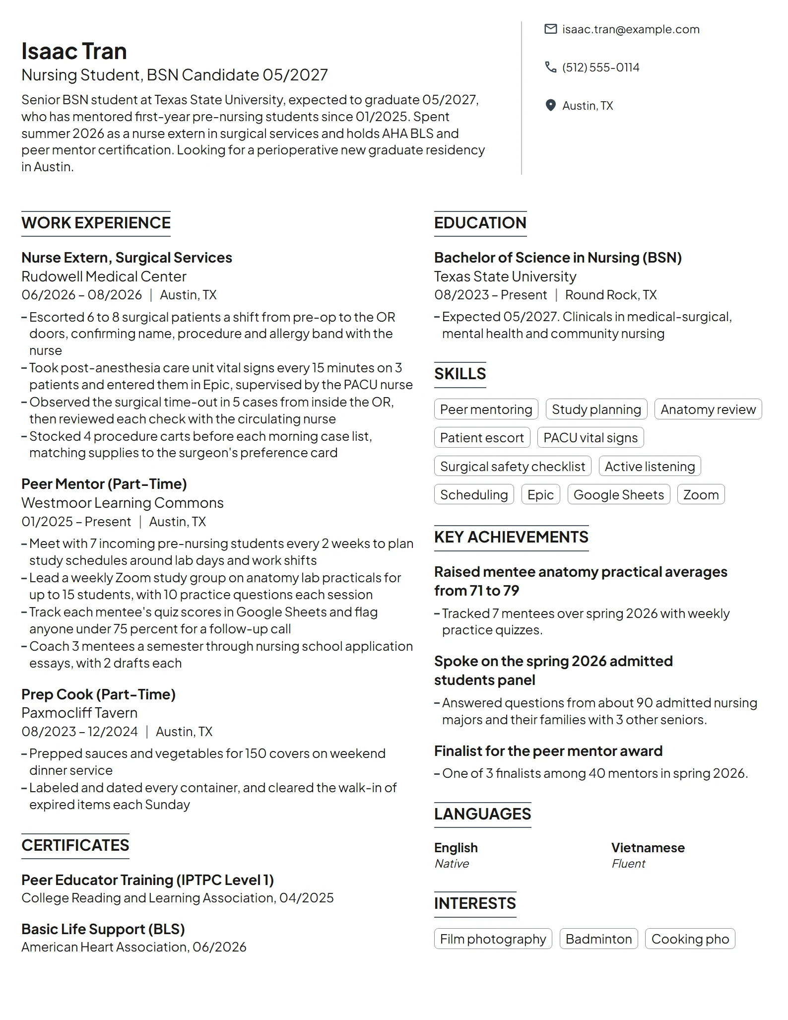Nursing Student Mentor resume example