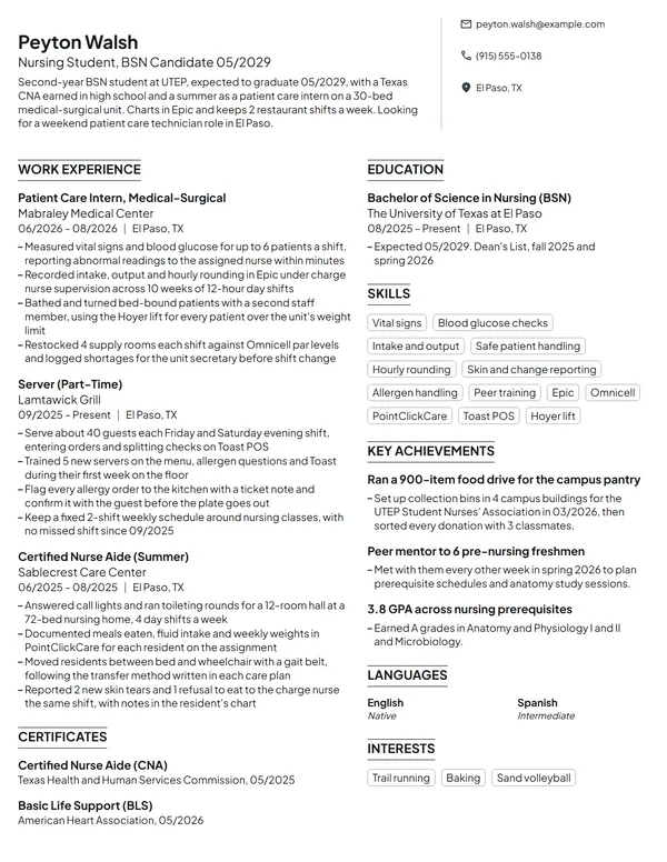 Nursing Student resume example
