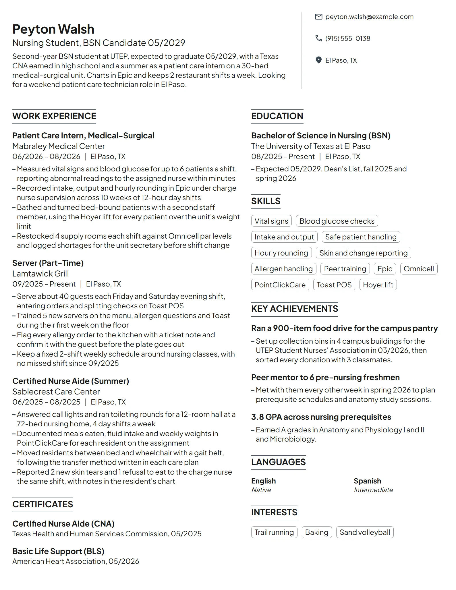 Nursing Student resume example