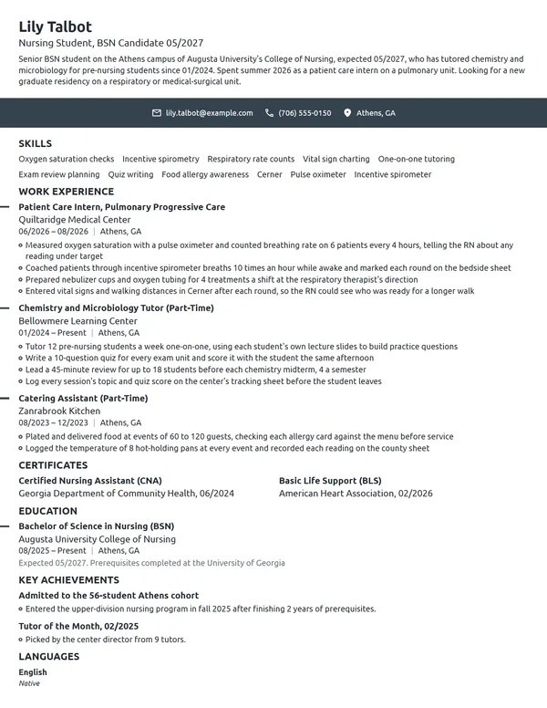 Nursing Student Tutor resume example