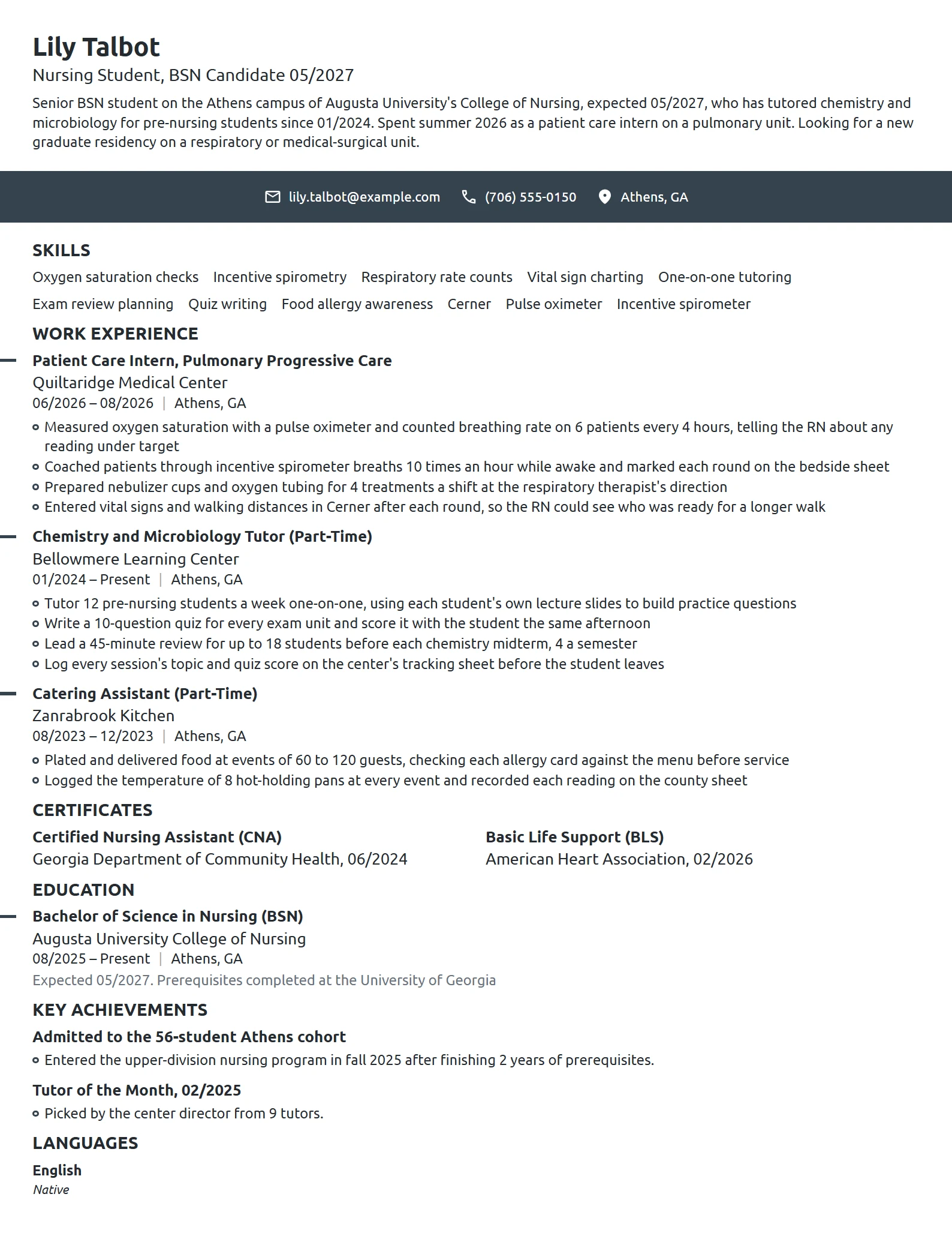 Nursing Student Tutor resume example