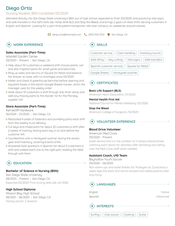 Nursing Student with No Experience resume example