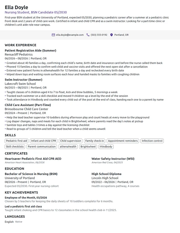 Pediatric Nursing Student resume example