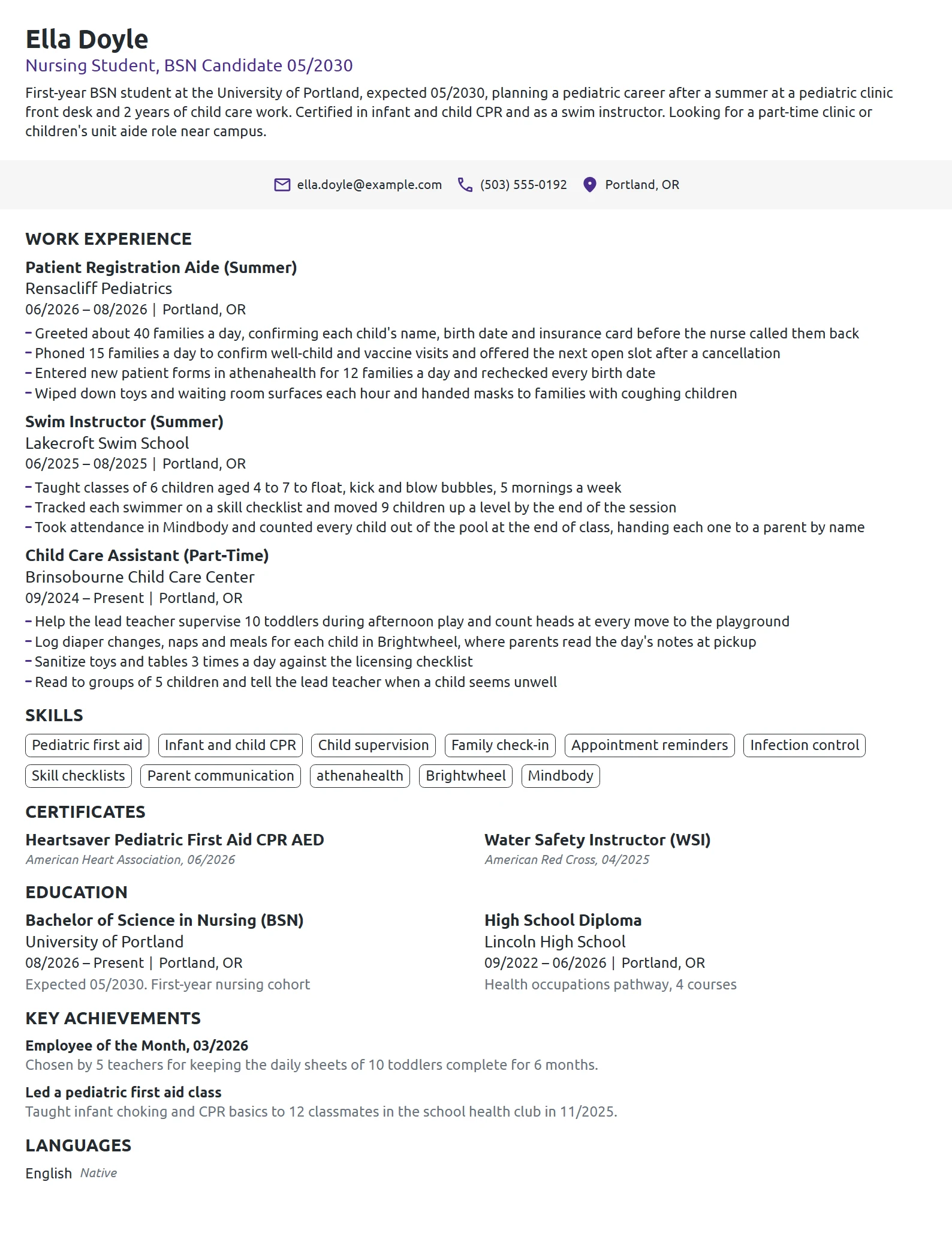 Pediatric Nursing Student resume example