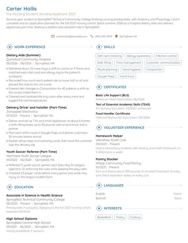 Pre-Nursing Student resume example