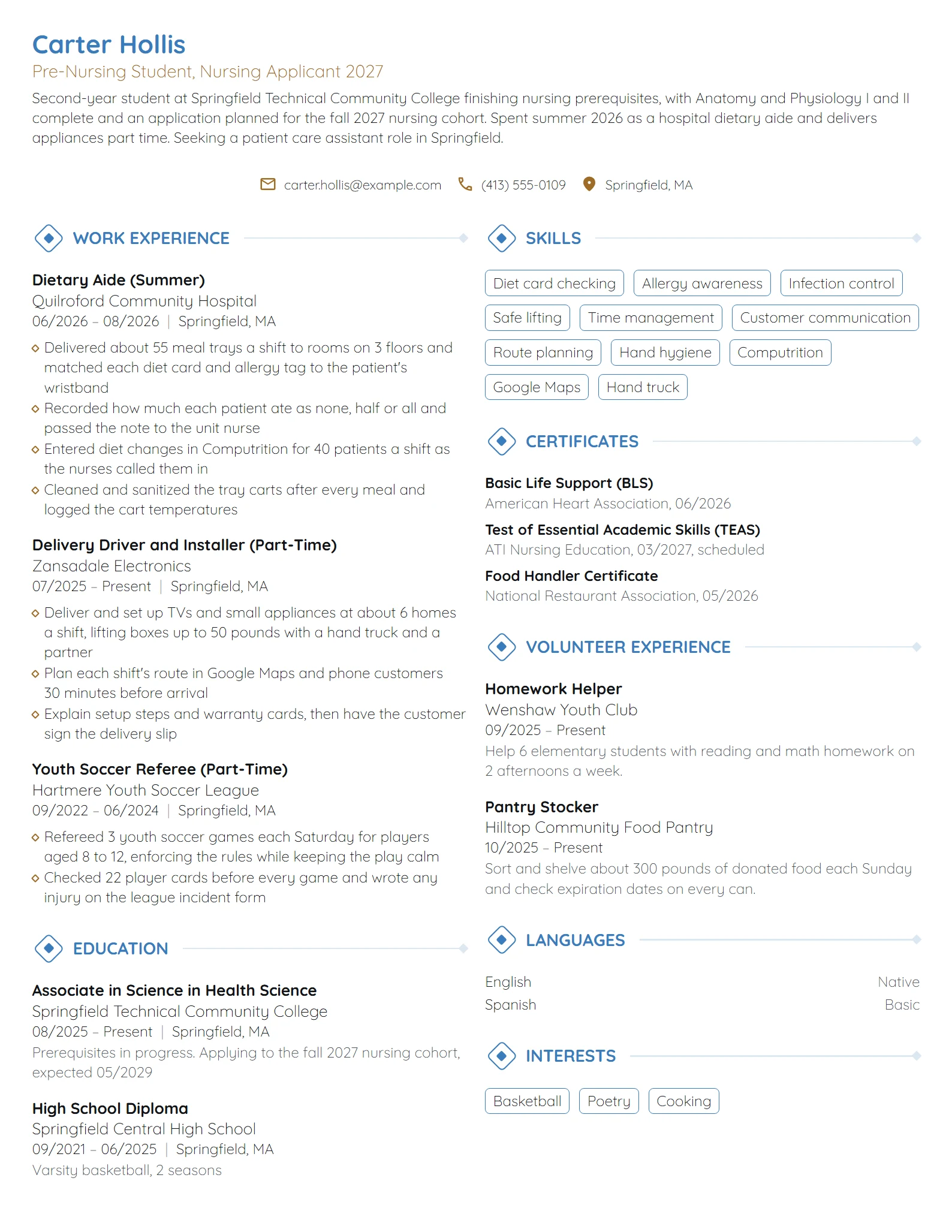 Pre-Nursing Student resume example