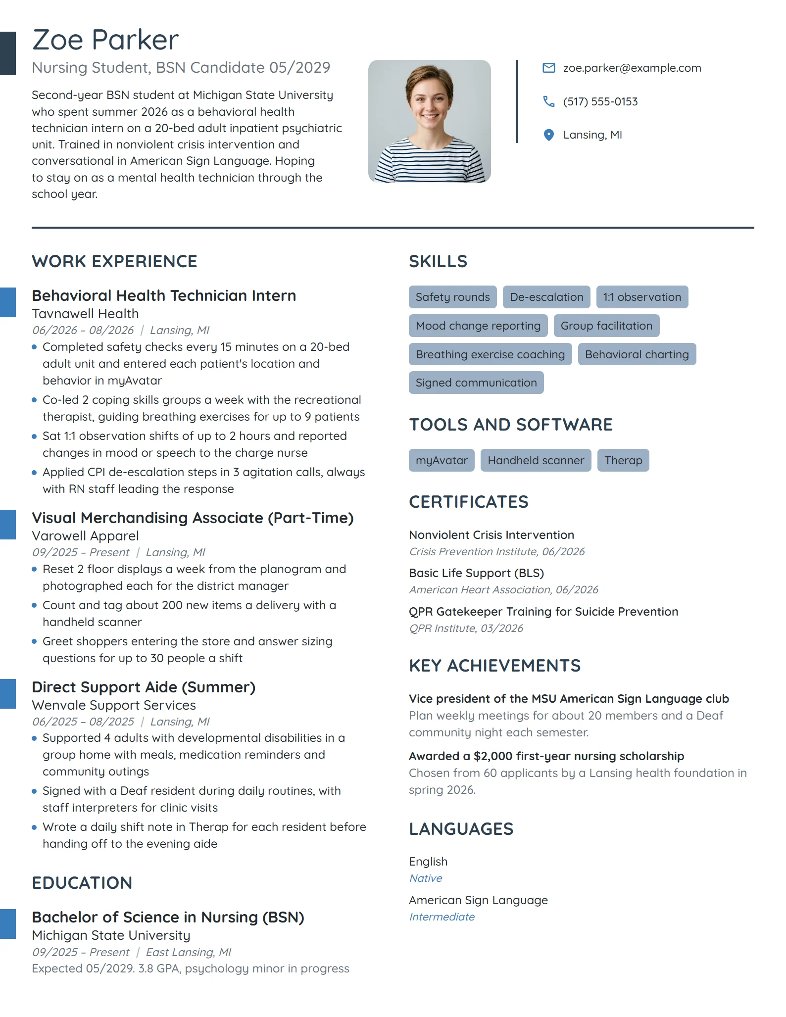Psychiatric Nursing Student resume example