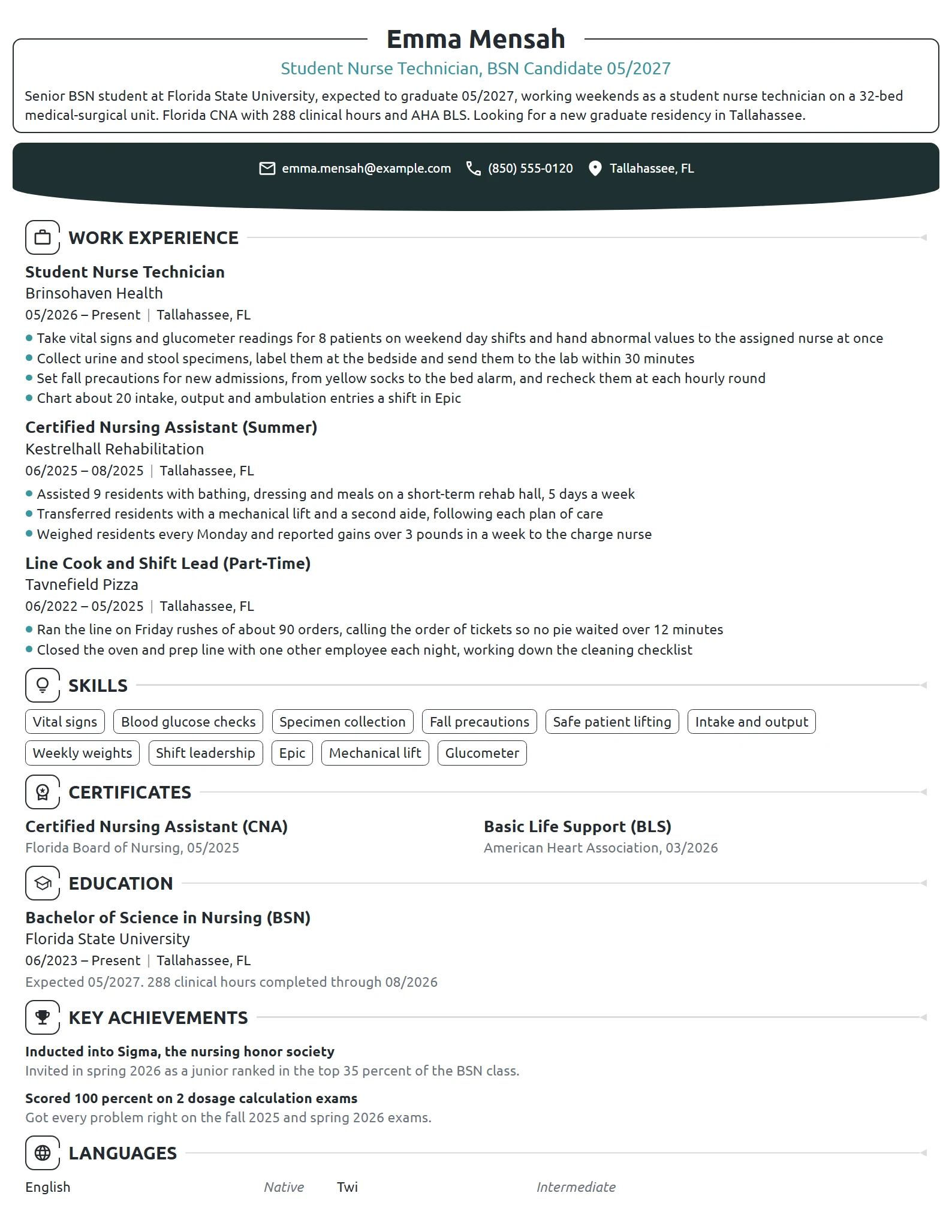 Student Nurse Technician resume example