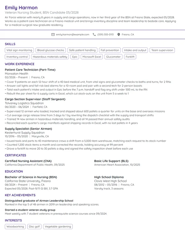 Veteran Nursing Student resume example