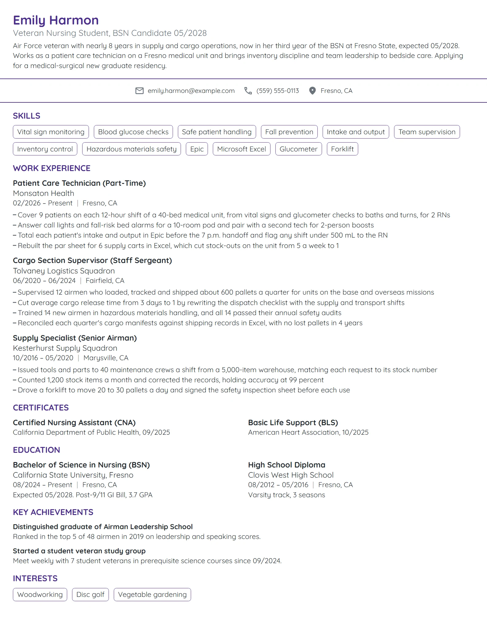 Veteran Nursing Student resume example