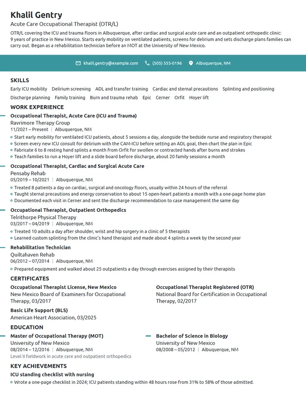 Acute Care Occupational Therapist resume example