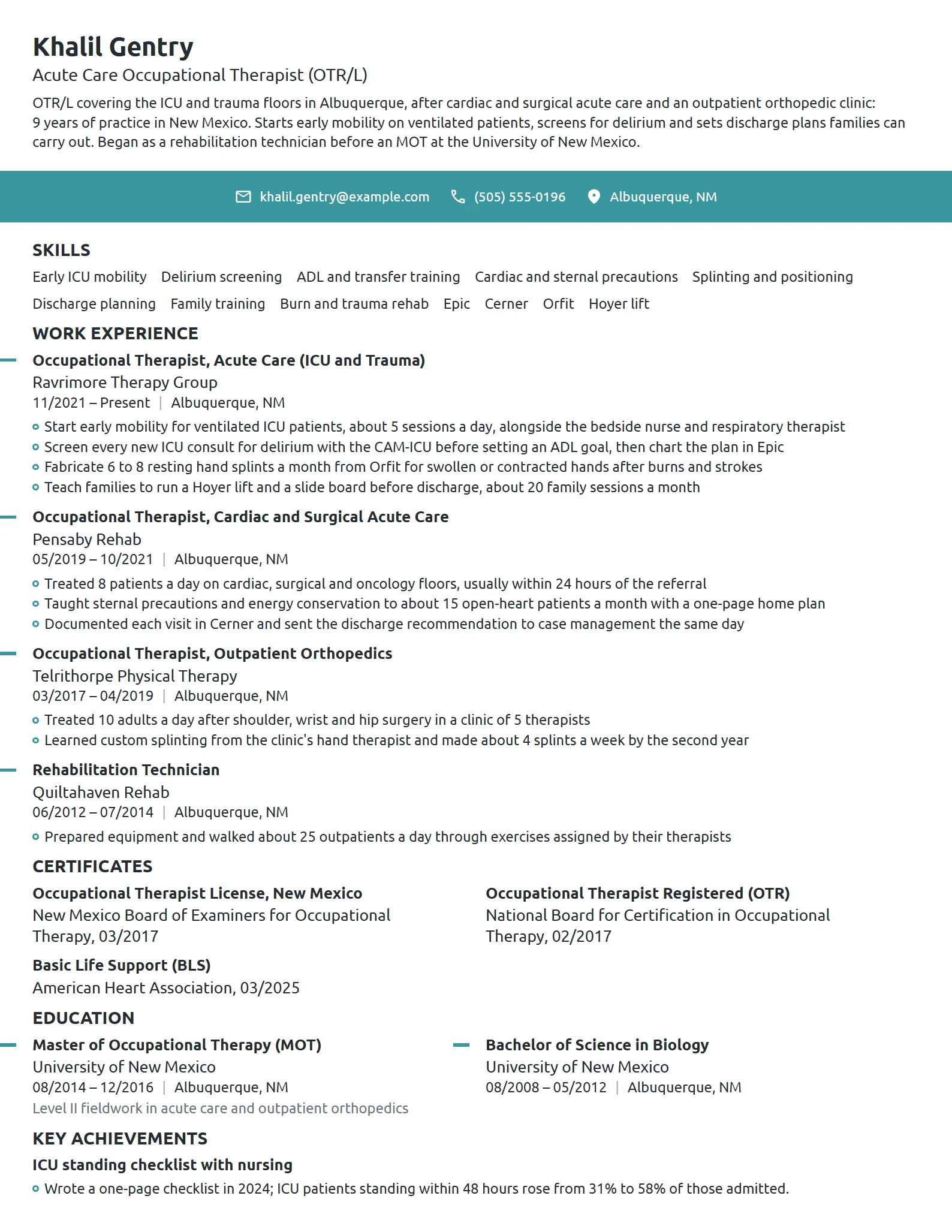 Acute Care Occupational Therapist resume example