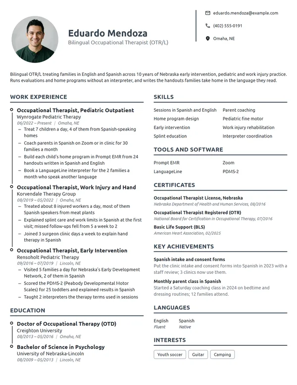 Bilingual Occupational Therapist resume example
