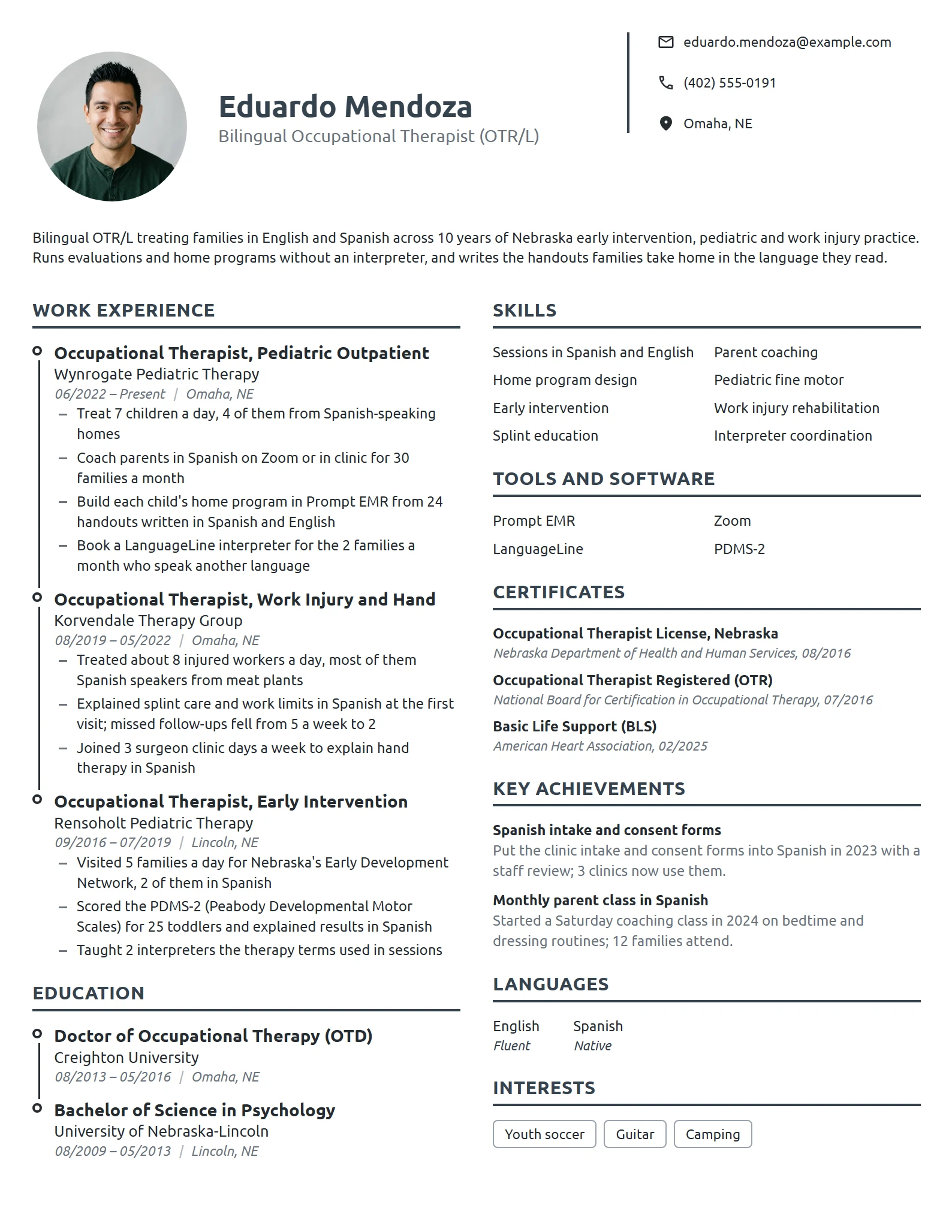 Bilingual Occupational Therapist resume example