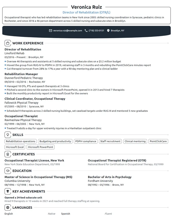 Director of Rehabilitation resume example