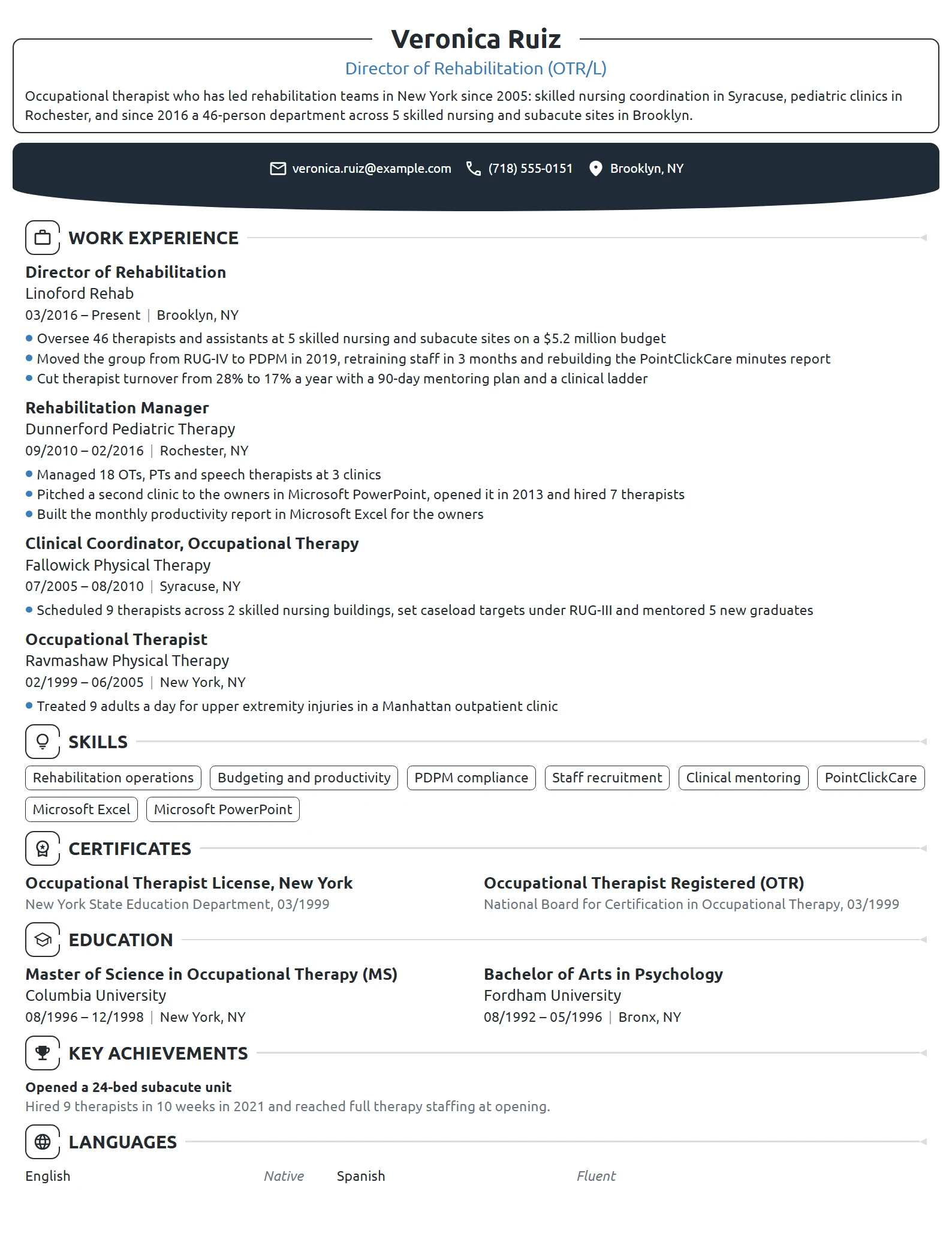 Director of Rehabilitation resume example