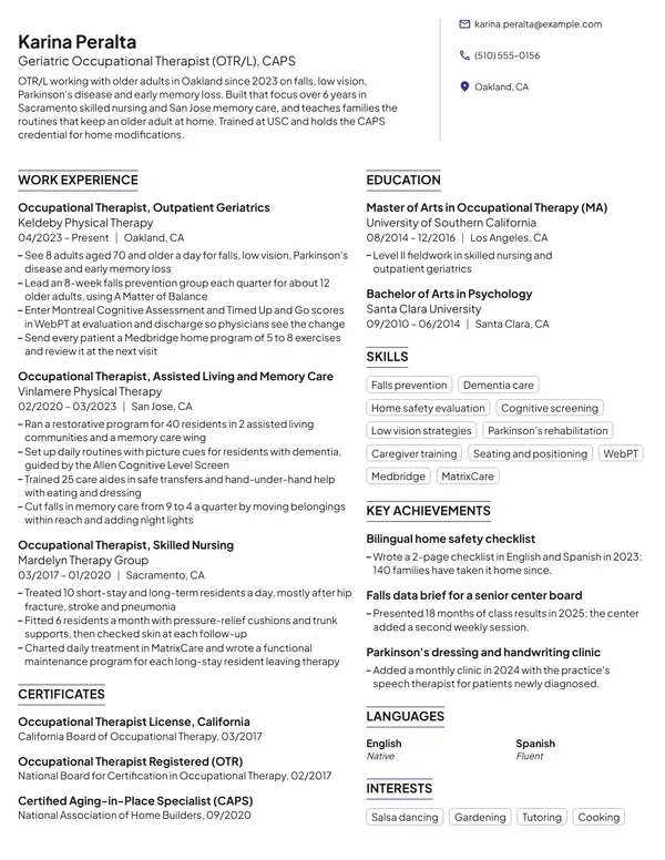 Geriatric Occupational Therapist resume example