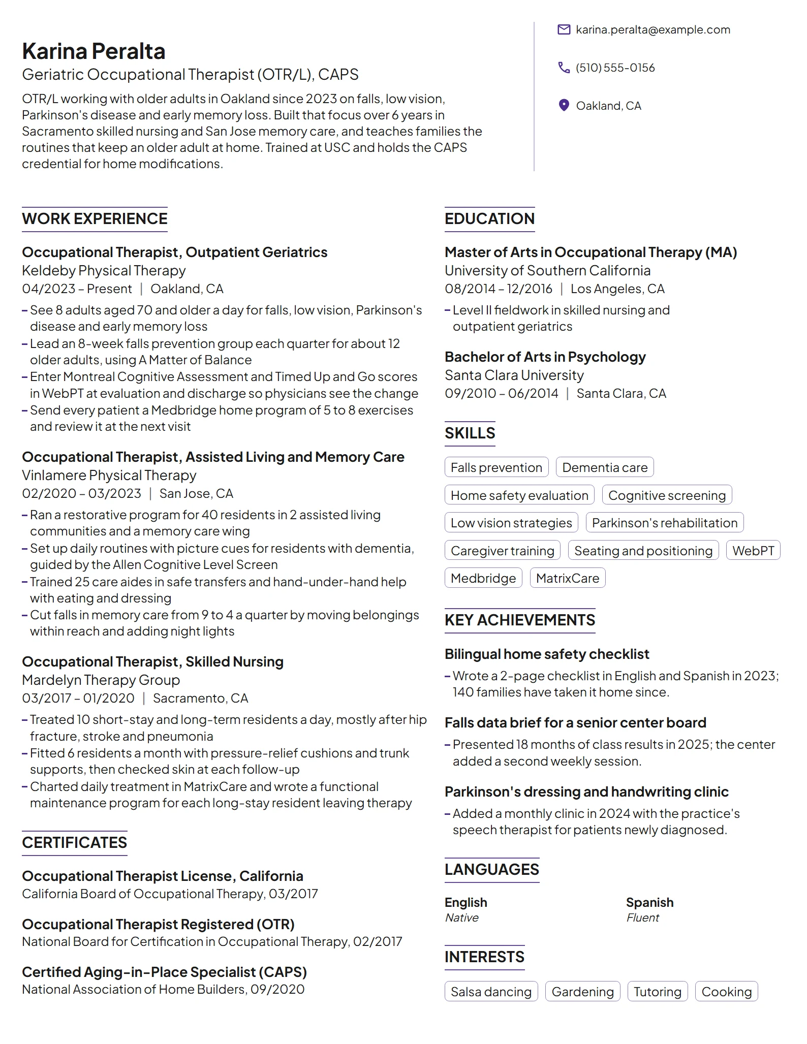 Geriatric Occupational Therapist resume example