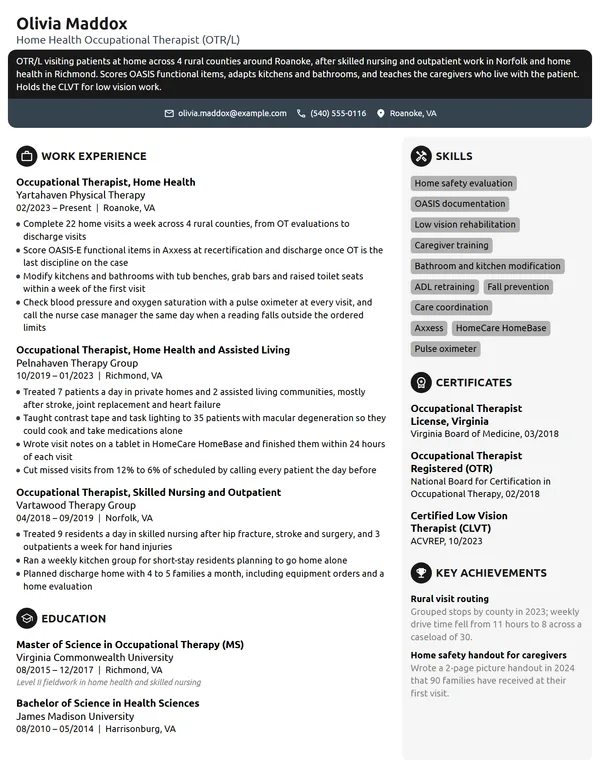 Home Health Occupational Therapist resume example