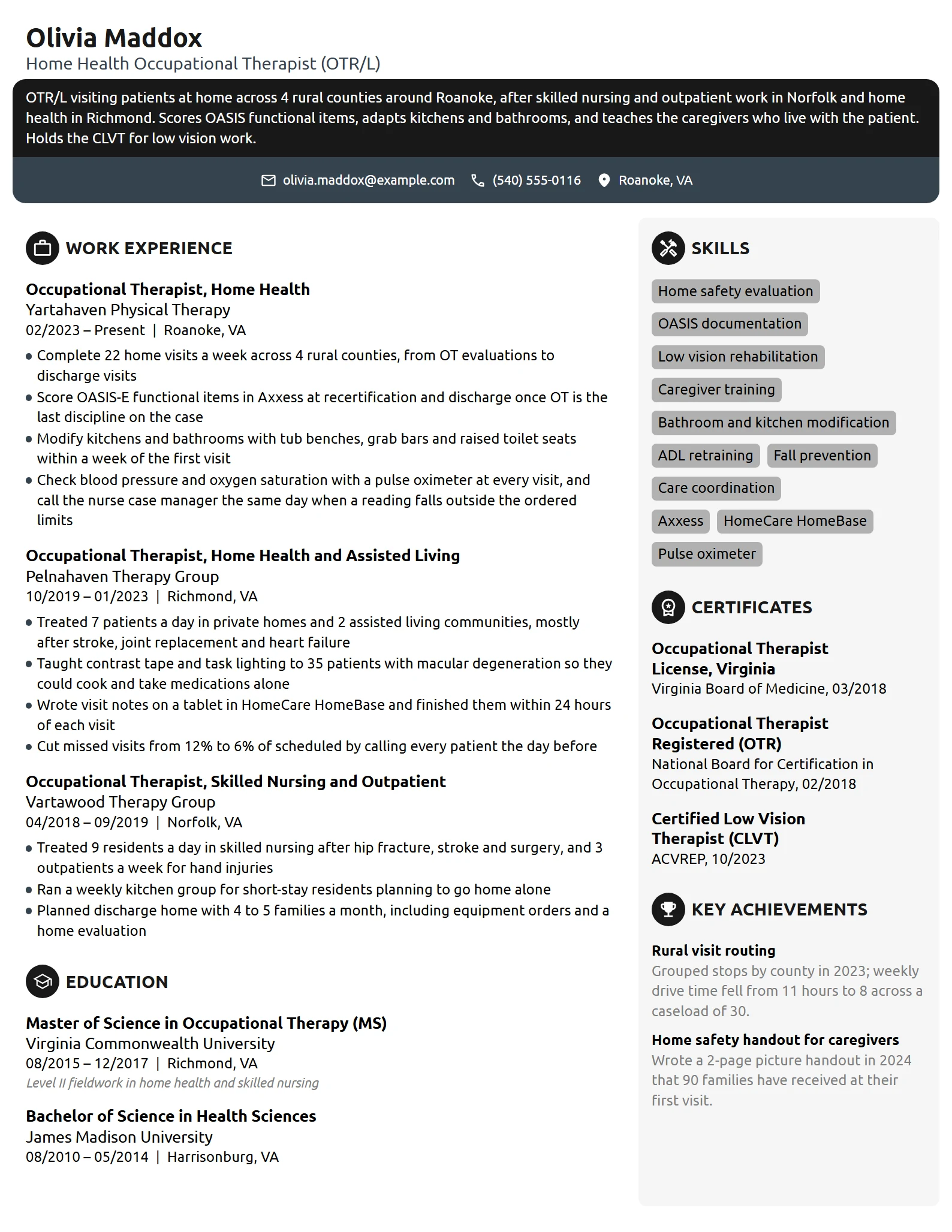 Home Health Occupational Therapist resume example
