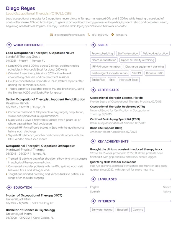 Lead Occupational Therapist resume example